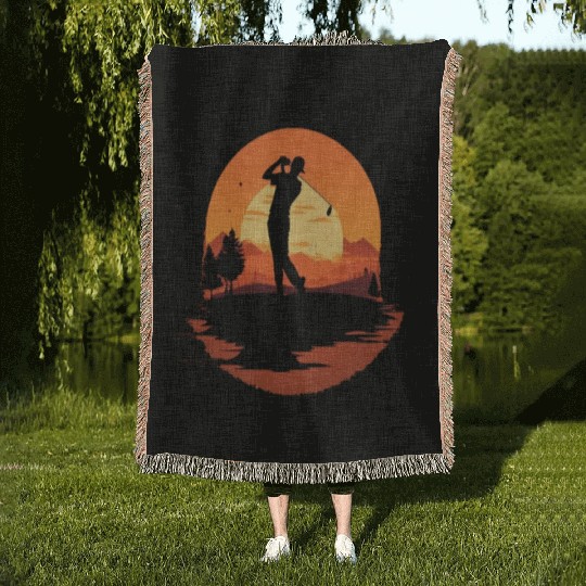 Golf Course Family Trip Cool Golfer In Sunset Woven Blankets