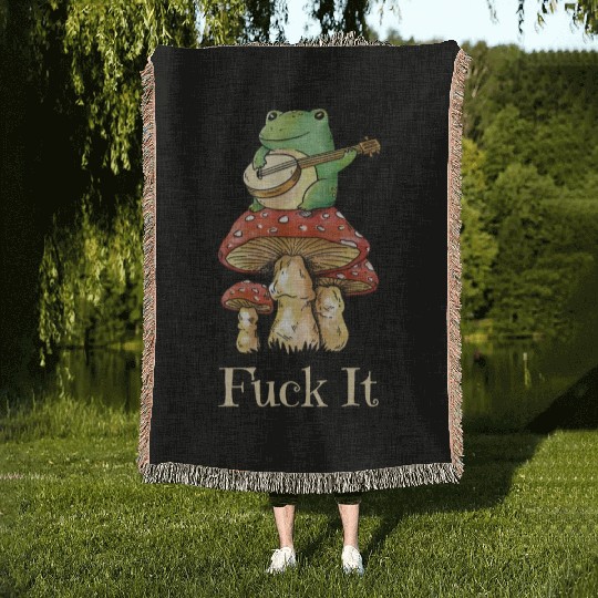 Cottagecore Frog Playing Guitar says Fuck It Woven Blankets