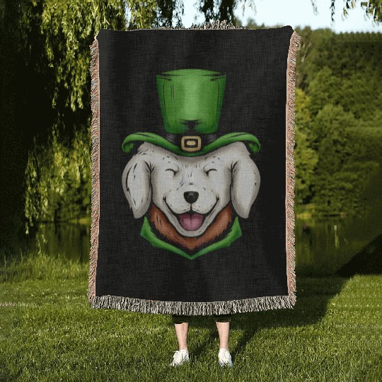 Cute White Dog Golden Retriever Green Hat St Woven Blankets