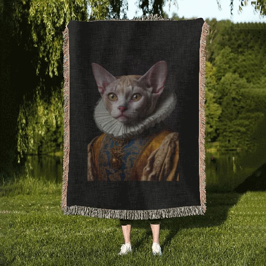 Black Queen Devon Rex Cat Breed Portrait Royal Ren Woven Blankets