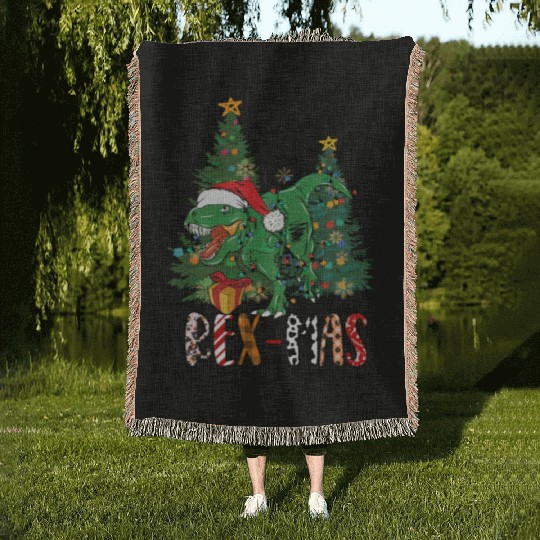 Dino dinosaur T-rex Trex Tyrannosaurus Xmas Woven Blankets