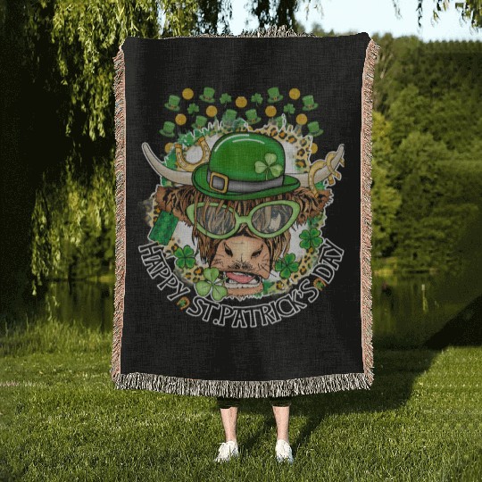 Happy St. Patrick's Day, Funny Cow, Hat and Gold Woven Blankets