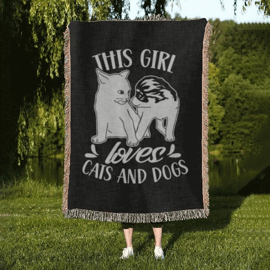 This Girl Loves Cats And Dogs Dog Cat Lover Woven Blankets