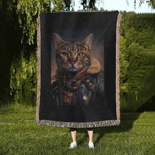 Havana Brown Cat Breed Portrait wears a leather j Woven Blankets