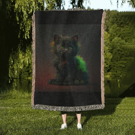Cute black kitten blended with a wicked spider Woven Blankets