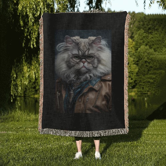 Persian Cat Breed Portrait wears a leather jacket Woven Blankets