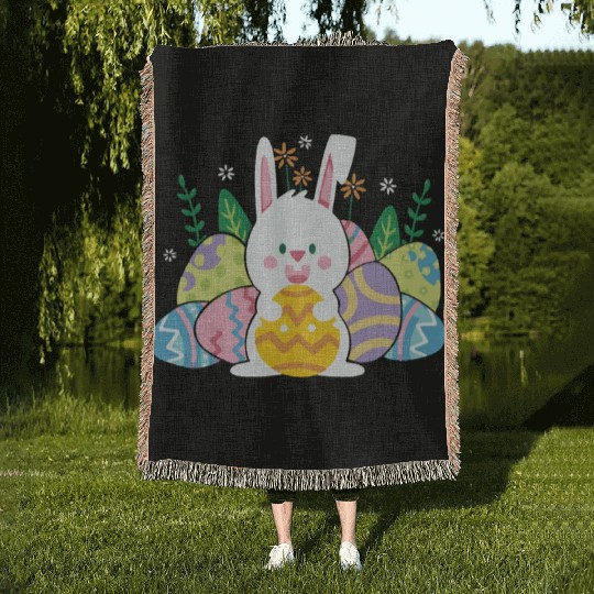 Cute Easter Bunny Egg Hunt Woven Blankets