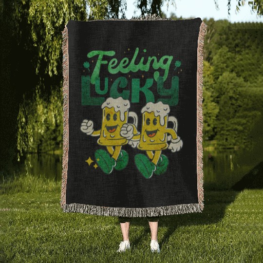 St Patrick's Day Feeling Lucky Retro Vintage Beer Woven Blankets