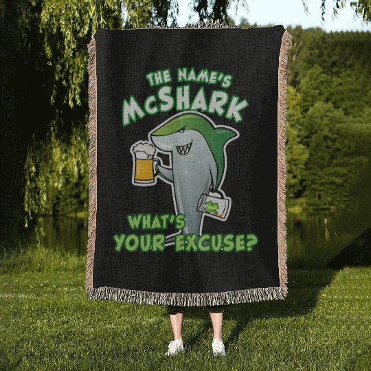 St Patricks Day Shark Funny Beer Drinking Woven Blankets
