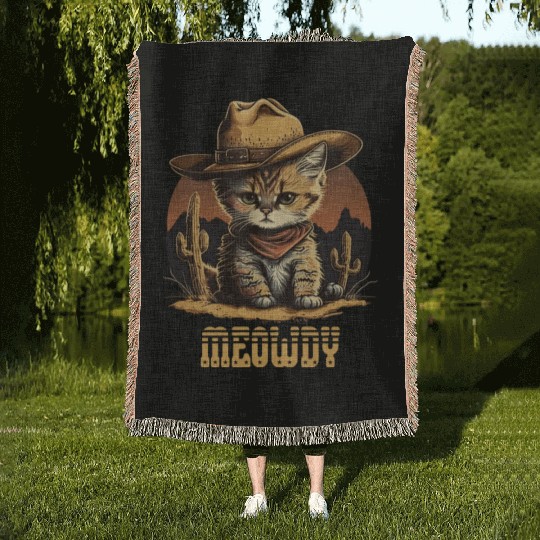 Meowdy - Funny Mashup Between Meow and Howdy - Cat Woven Blankets