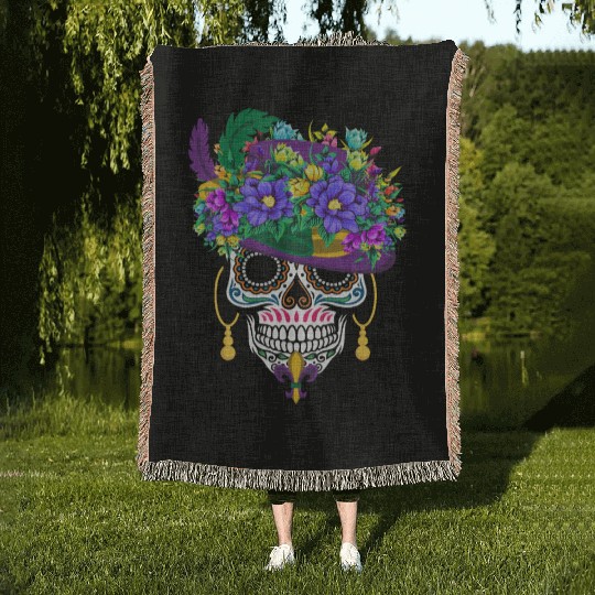 Mardi Gras Costume Dia De Los Muertos Flower Sugar Woven Blankets