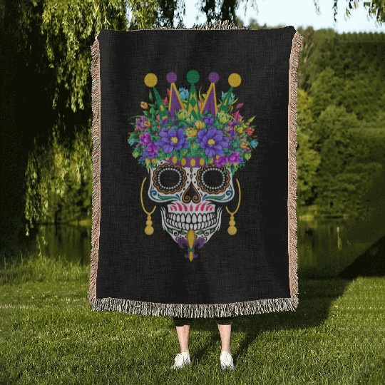 Mardi Gras Mask Flower Sugar Dia De Los Muertos Woven Blankets