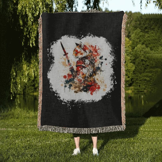 Cute Samurai Cat Woven Blankets