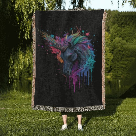 rainbow unicorn Woven Blankets