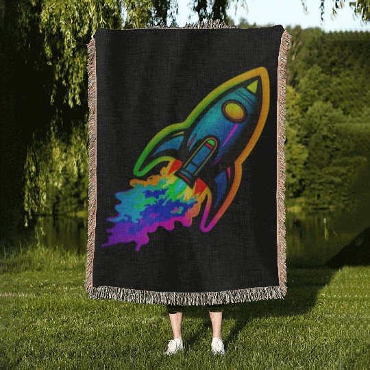 Psychedelic Retro Neon Rocket Woven Blankets