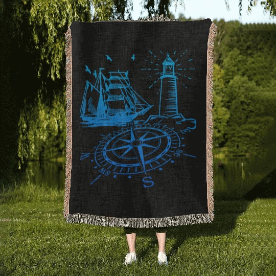 Maritim lighthouse compass sailing ship north Woven Blankets