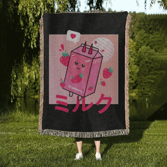 Strawberry Milk Shake Funny Retro 90s Japanese Woven Blankets