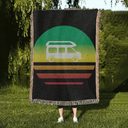 Camper Van Retro Sunset Vintage sun camping Woven Blankets