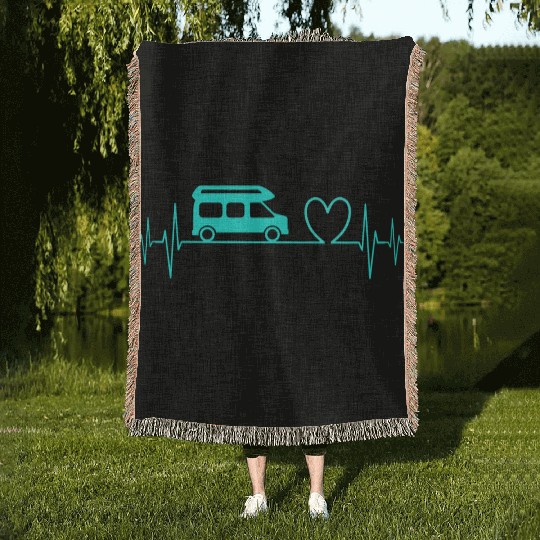 Camper Van camping Ecg heartbeat heart turquoise Woven Blankets