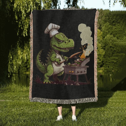 Baby Dinosaur Using A Charcoal Grill Cooking Meat Woven Blankets