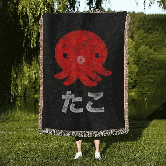 Distressed Vintage Octopus Woven Blankets Japanese Writing