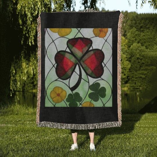 Red plaid Shamrock with Yellow Poppies (AI Art) Woven Blankets