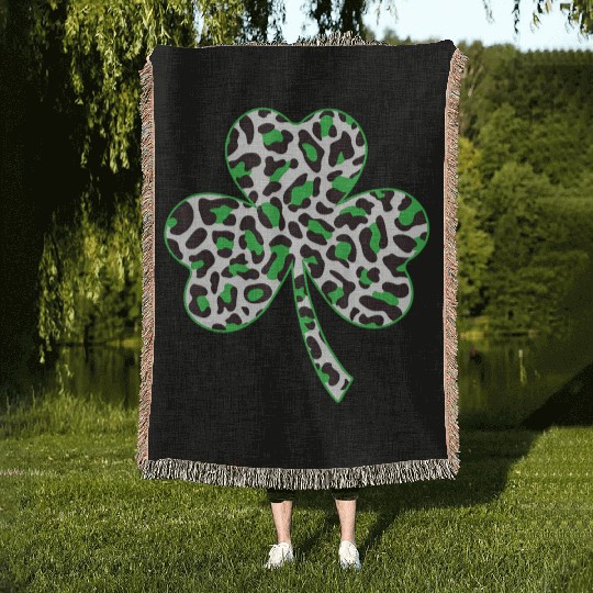 Cute Shamrock Leopard Print St Patricks Day Irish Woven Blankets