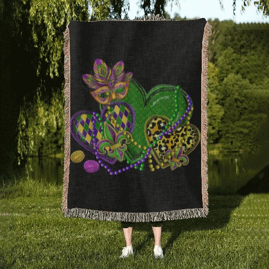 Mardi Gras Hearts Leopard Print Fleur de lis Symbo Woven Blankets