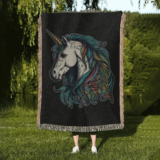 Unicorn elf mythical creature tattoo drawing horse Woven Blankets
