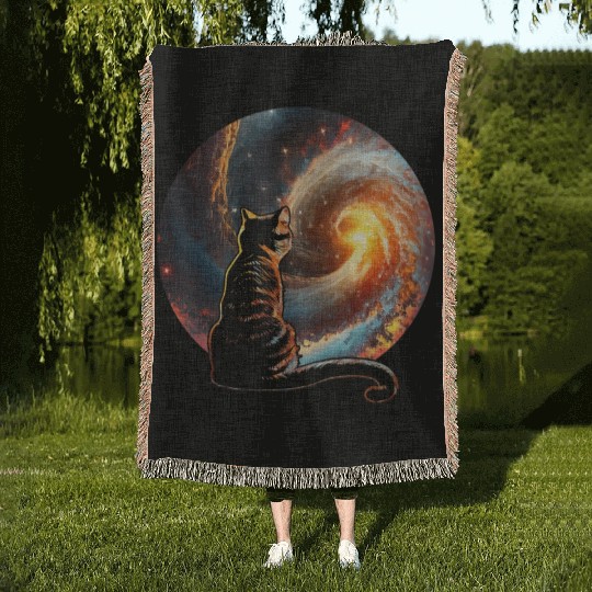 Cat Staring at a Galaxy Cat Dad Cat Lover Woven Blankets