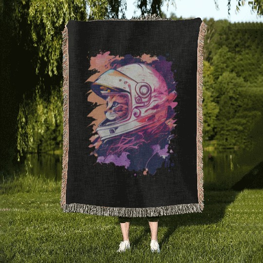 Aesthetic Vaporwave Space Cat 80s 90s Astronaut Woven Blankets