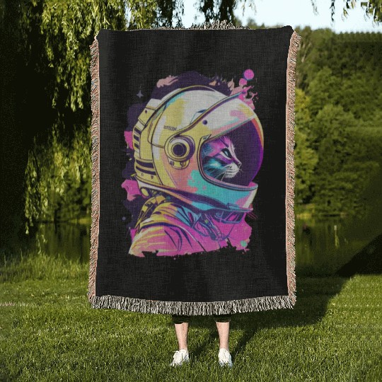 Aesthetic Vaporwave Space Cat 80s 90s Astronaut Woven Blankets