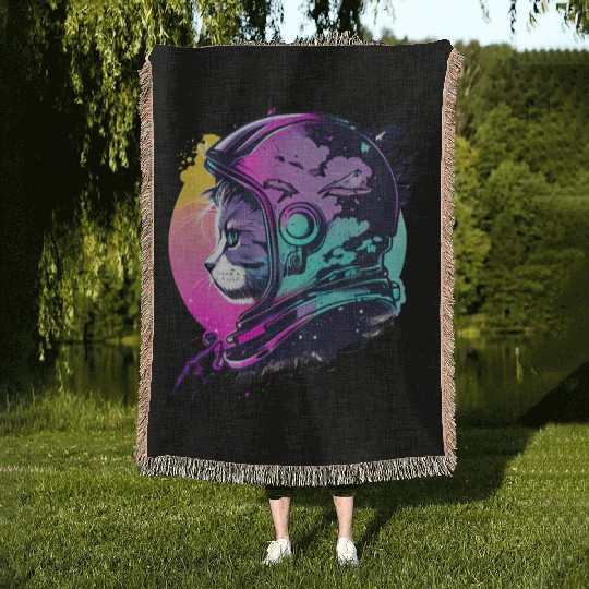 Aesthetic Vaporwave Space Cat 80s 90s Astronaut Woven Blankets