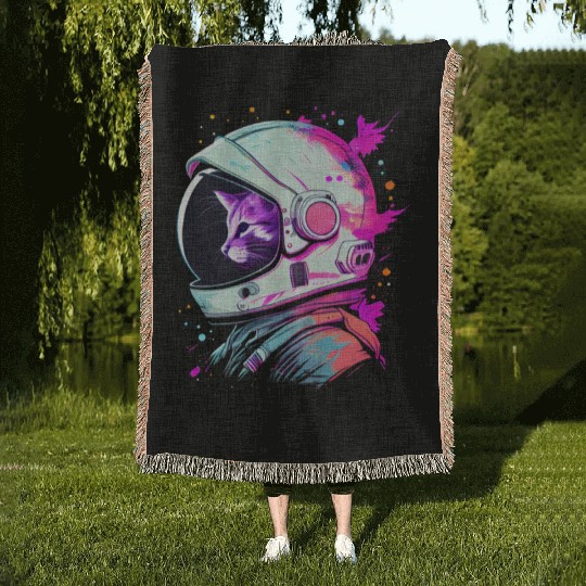 Aesthetic Vaporwave Space Cat 80s 90s Astronaut Woven Blankets