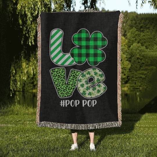 Love Pop Pop Green Plaid Leopard Shamrock Woven Blankets
