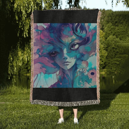 Fantastical Anime Flower Girl Woven Blankets
