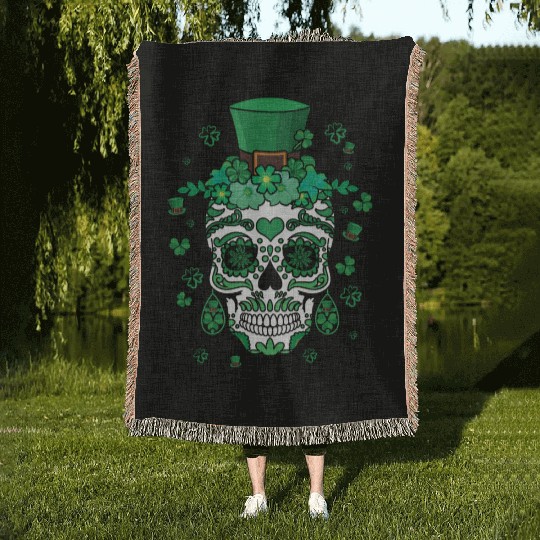 St Patty's Day El Dia De Los Muertos Irish Flower Woven Blankets