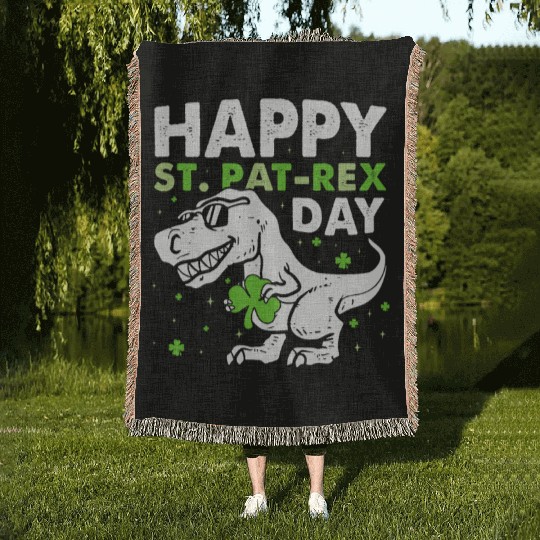 Kids Happy St Pat Trex Day Dino St Patricks Day Woven Blankets