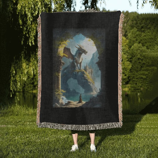Mystical Dragon Landscape Woven Blankets
