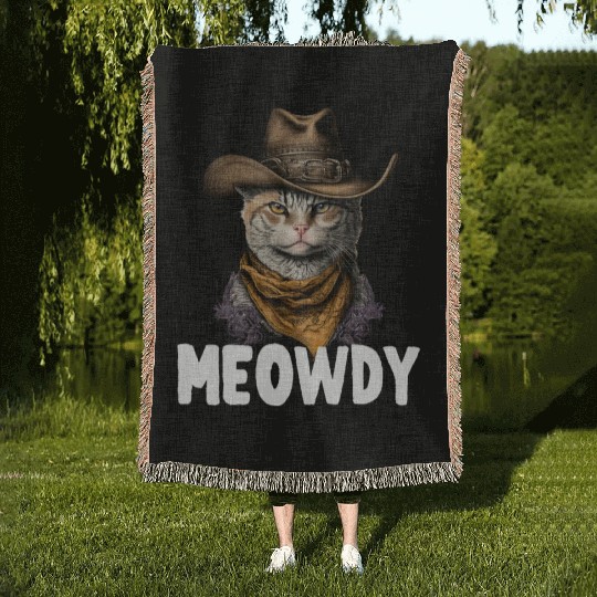 Meowdy Cat Meme Country Meow Howdy Funny Woven Blankets