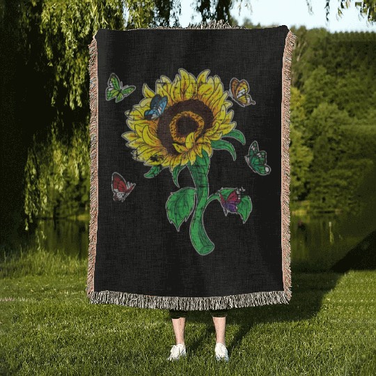 Aesthetics Sunflowers Nature Butterflies Yellow Su Woven Blankets