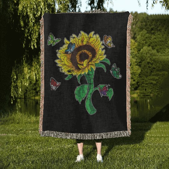 Aesthetics Sunflowers Nature Butterflies Yellow Su Woven Blankets