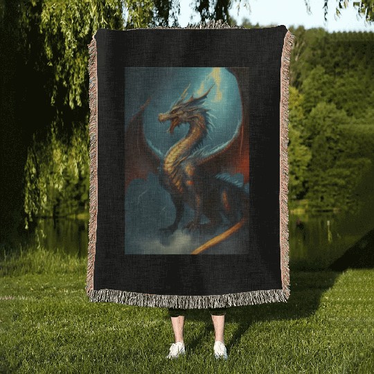 Mystical Dragon in storm Woven Blankets