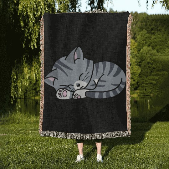 Grey Tabby Sleeping Woven Blankets