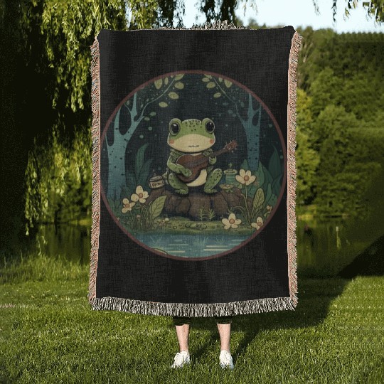 Kawaii Frog Guitar Cottagecore Aesthetic Woven Blankets