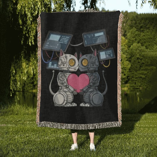 Robot Cat in Love for a Robotic Engineer Woven Blankets