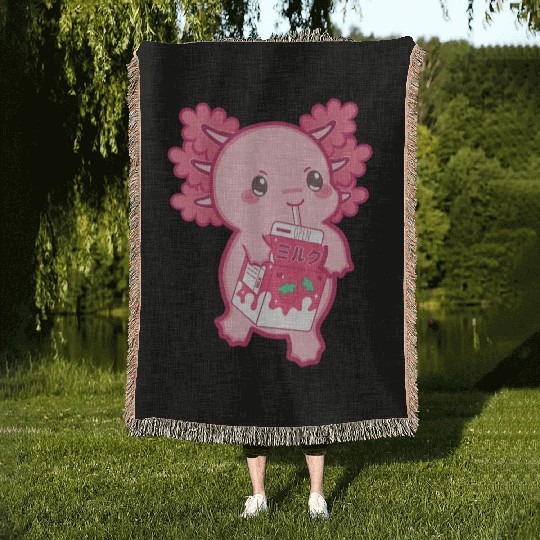 Kawaii Axolotl Strawberry Milk Teen Girl Kids Japa Woven Blankets