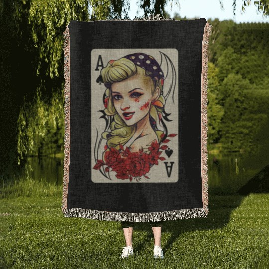 Rockabilly 50s Pin Up Zombie Psychobilly Ace Card Woven Blankets