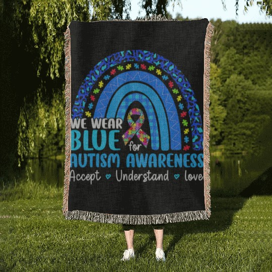 Rainbow Be Kind Trendy Woven Blankets We Wear Blue For Autism