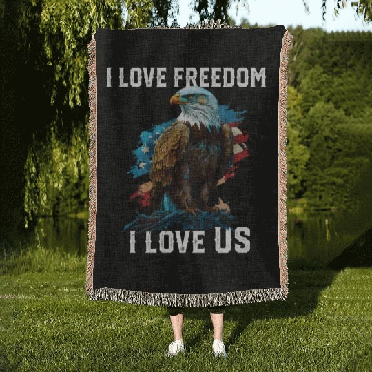 I Love Freedom I Love US American Bald Eagle Woven Blankets